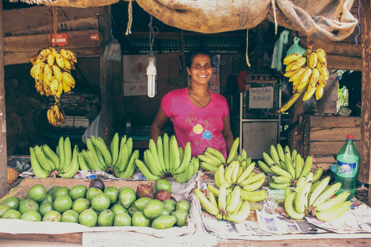 Fruit stall with bananas and local produce